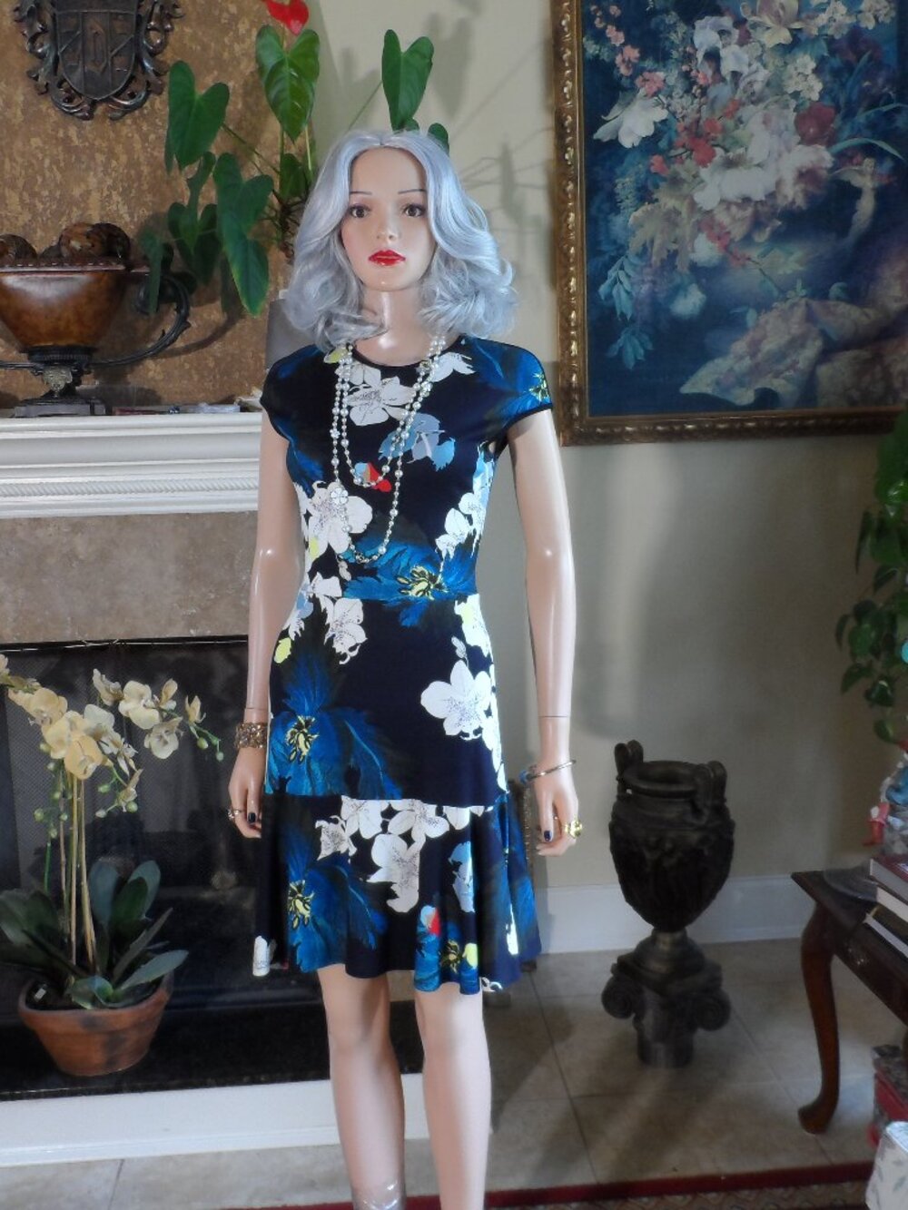 Erdem Blue Floral Cap Sleeve Drop Waist Dress Size US 4